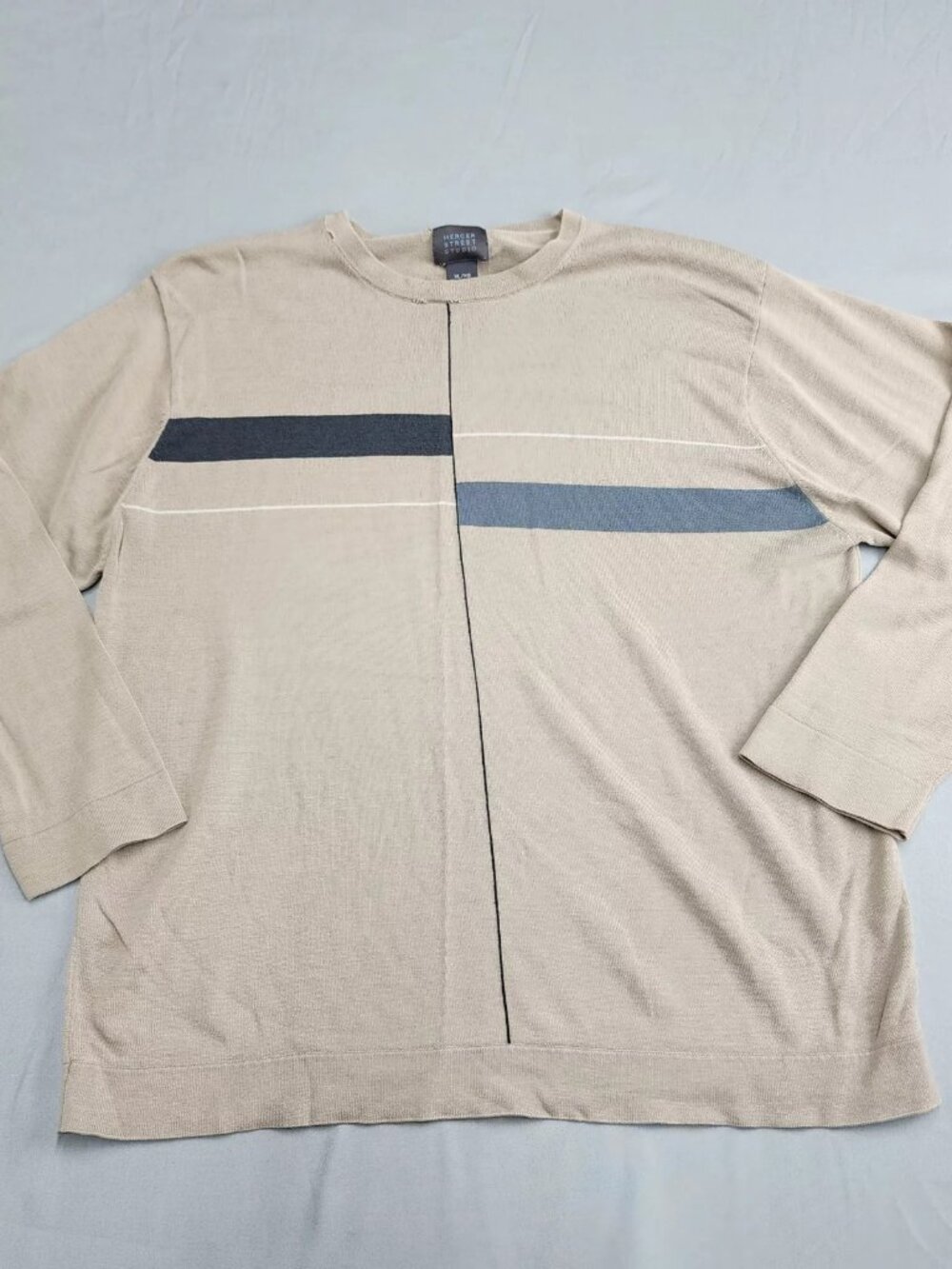 Mercer Street Studio Men's XL Beige Striped Silk Cotton Blend Crewneck Sweater